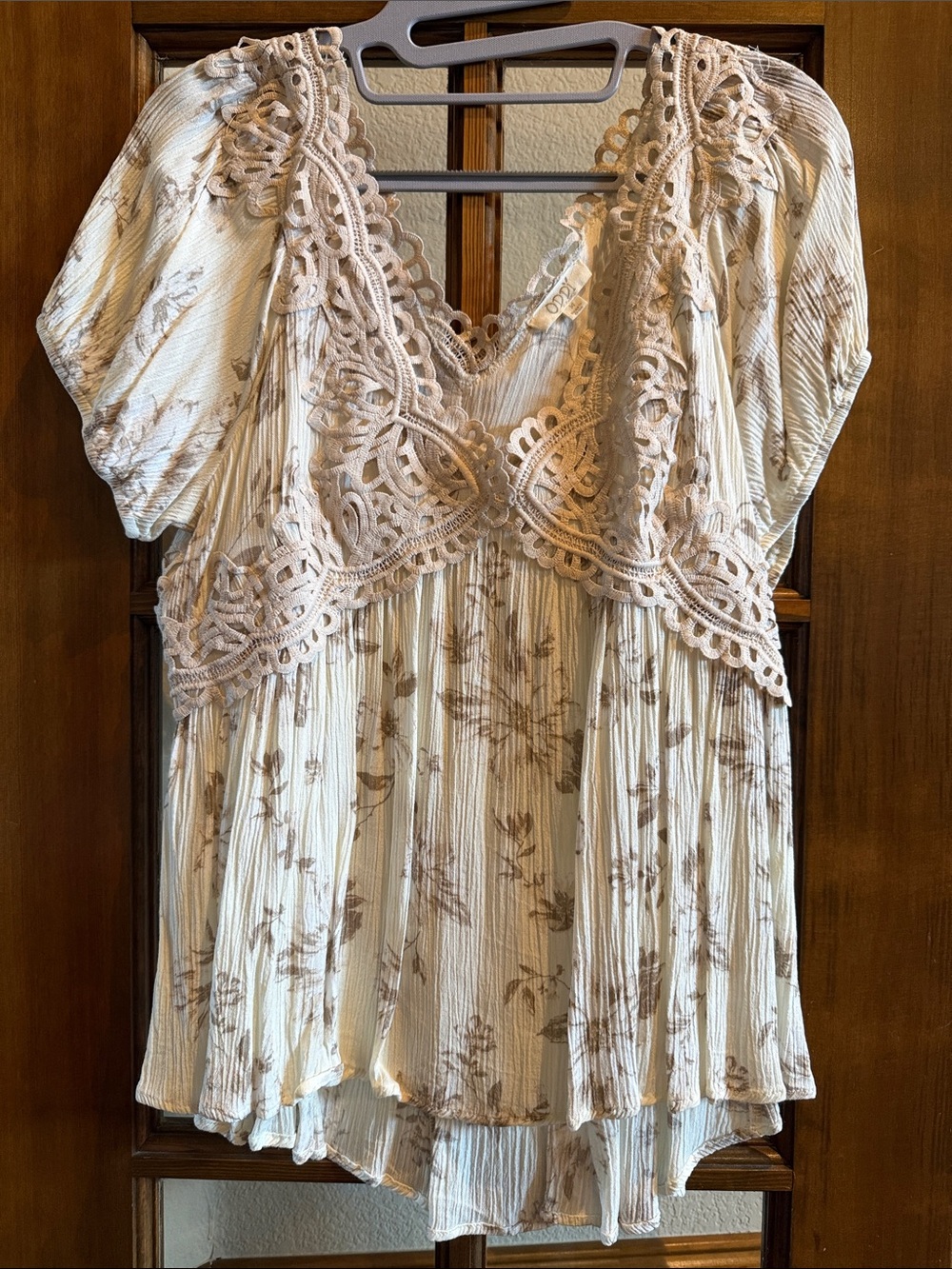ODDY Cream Tunic with Taupe Crochet Accents